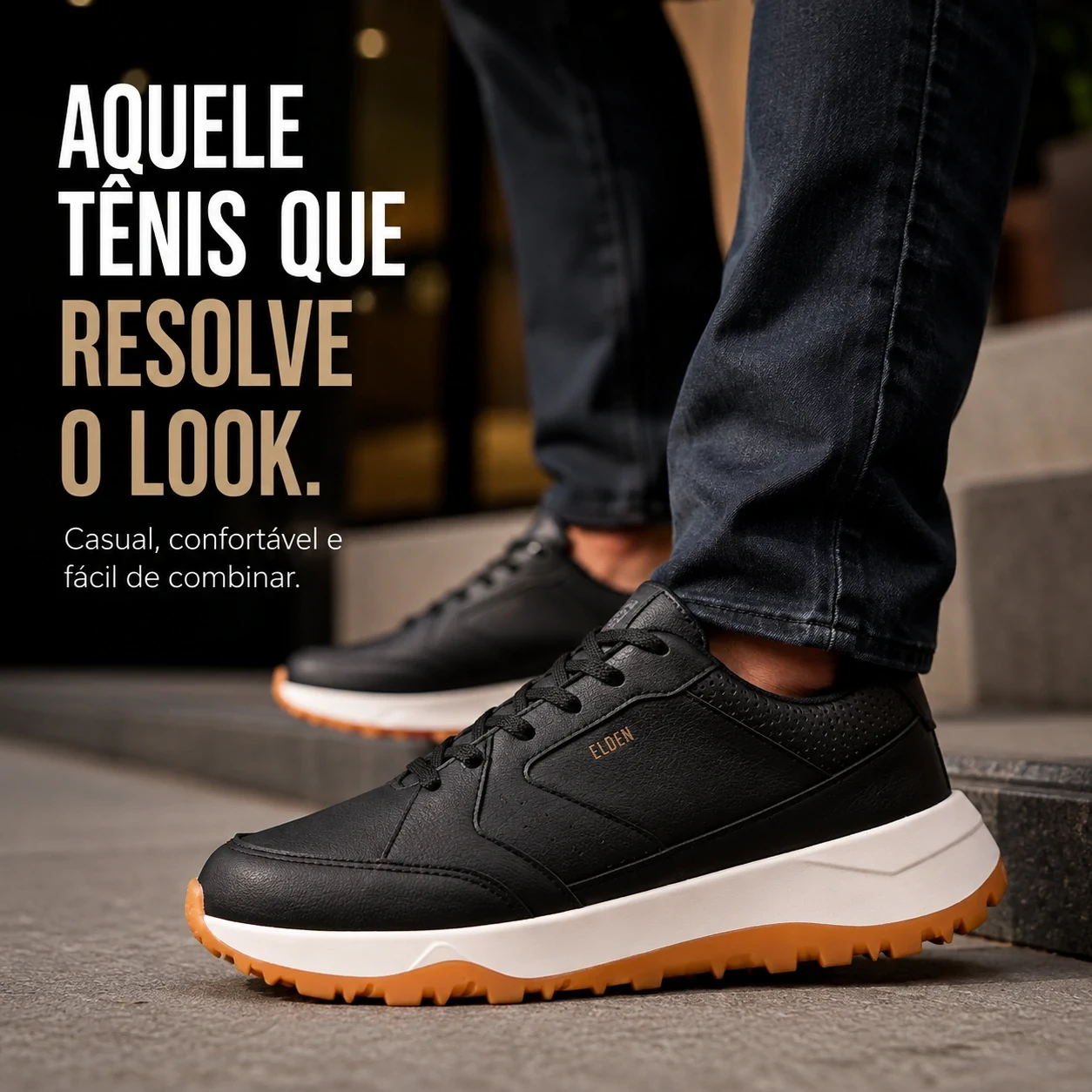T&ecirc;nis casual masculino Elden E08 Ferr preto com entressola branca e solado tratorado caramelo