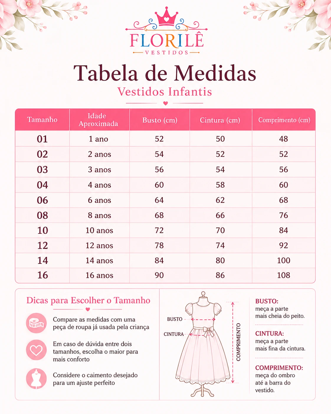 Tabela de medidas de vestidos infantis Floril&ecirc; Vestidos