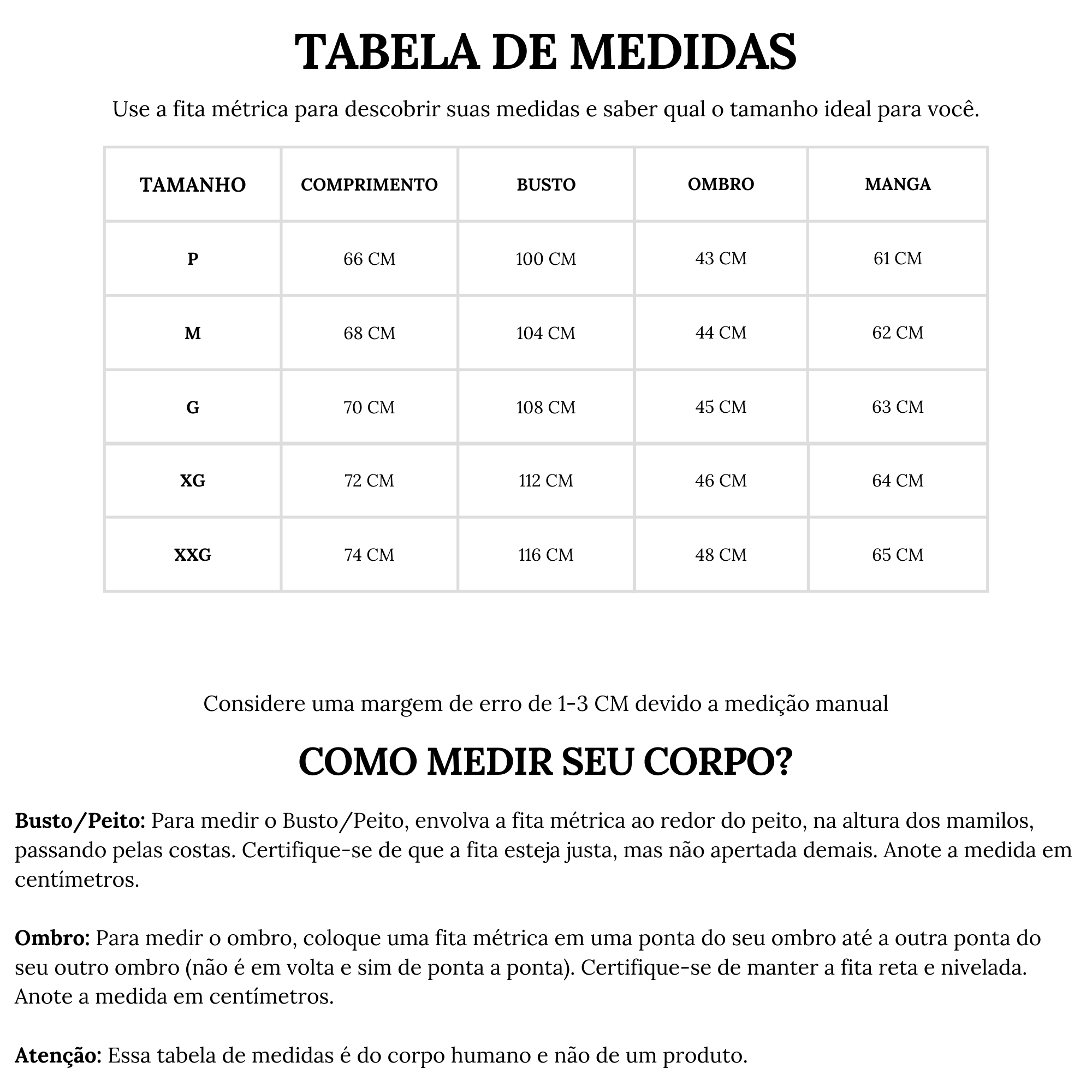 Tabela de medidas