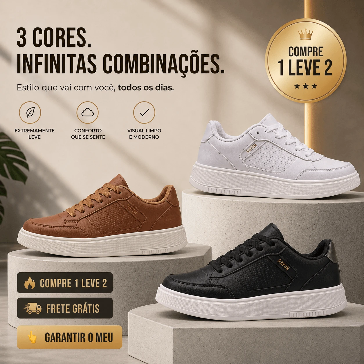 Sapat&ecirc;nis Rayon R26 Ferr Branco Preto e Caramelo promo&ccedil;&atilde;o Compre 1 Leve 2