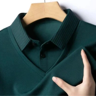 Close-up details of the polo shirt fabric and collar