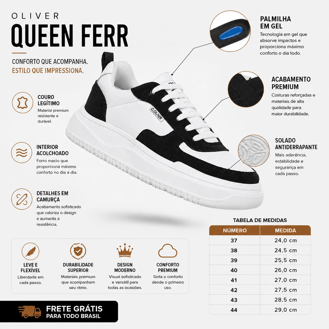 Palmilha em gel confort&aacute;vel do t&ecirc;nis casual masculino premium