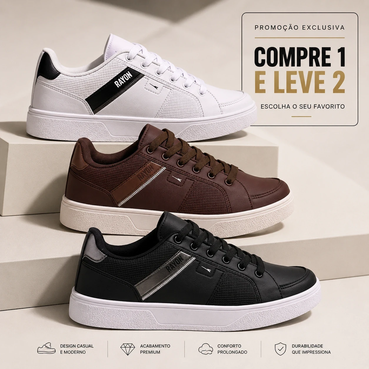 Kit T&ecirc;nis Rayon R21 Ferr Branco Preto e Caf&eacute; promo&ccedil;&atilde;o compre 1 leve 2 frete gr&aacute;tis