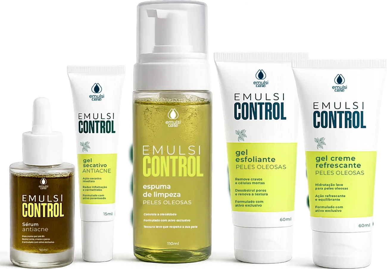 Linha Emulsicontrol: s&eacute;rum antiacne, gel secativo, espuma de limpeza, gel esfoliante e gel creme refrescante