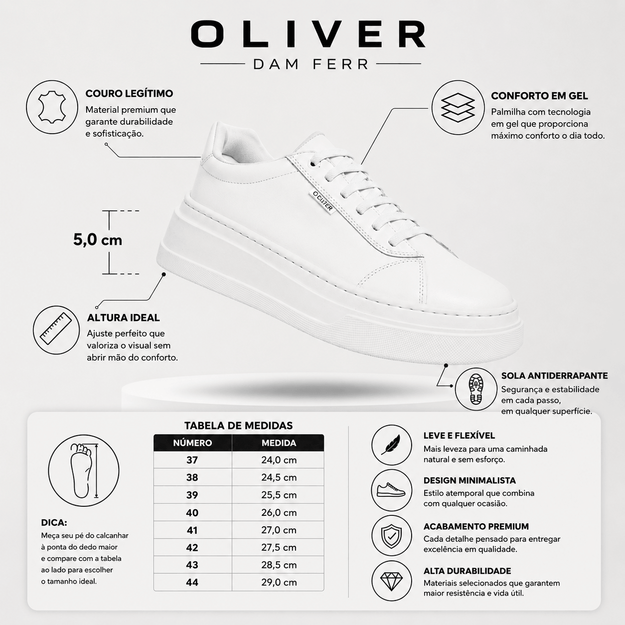 Detalhes do couro leg&iacute;timo e palmilha em gel do t&ecirc;nis casual masculino Oliver Dam Ferr