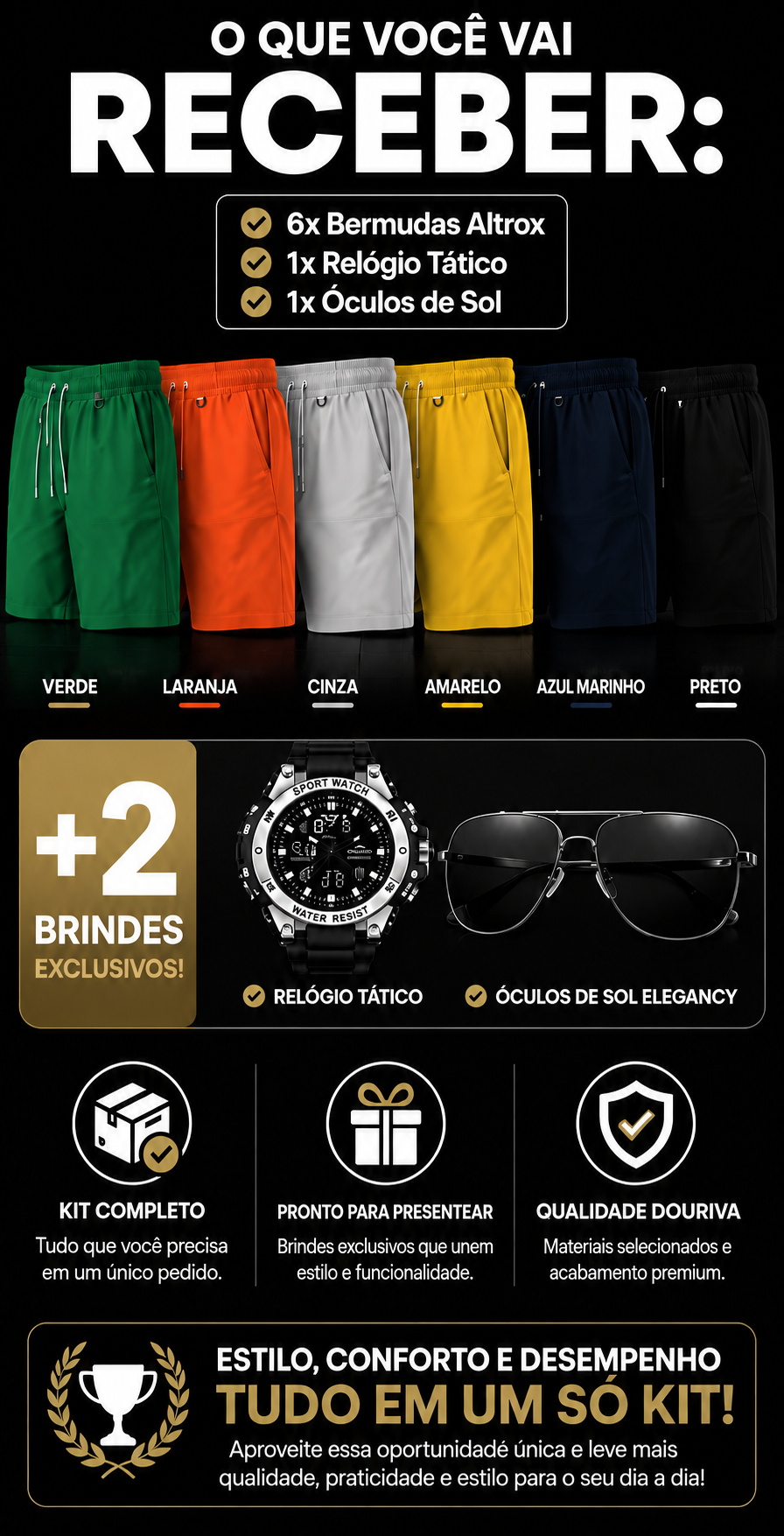Conte&uacute;do do kit: seis bermudas, rel&oacute;gio t&aacute;tico e &oacute;culos de sol