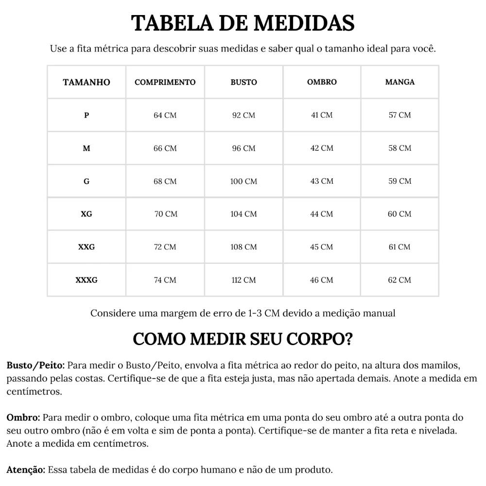 Tabela de medidas