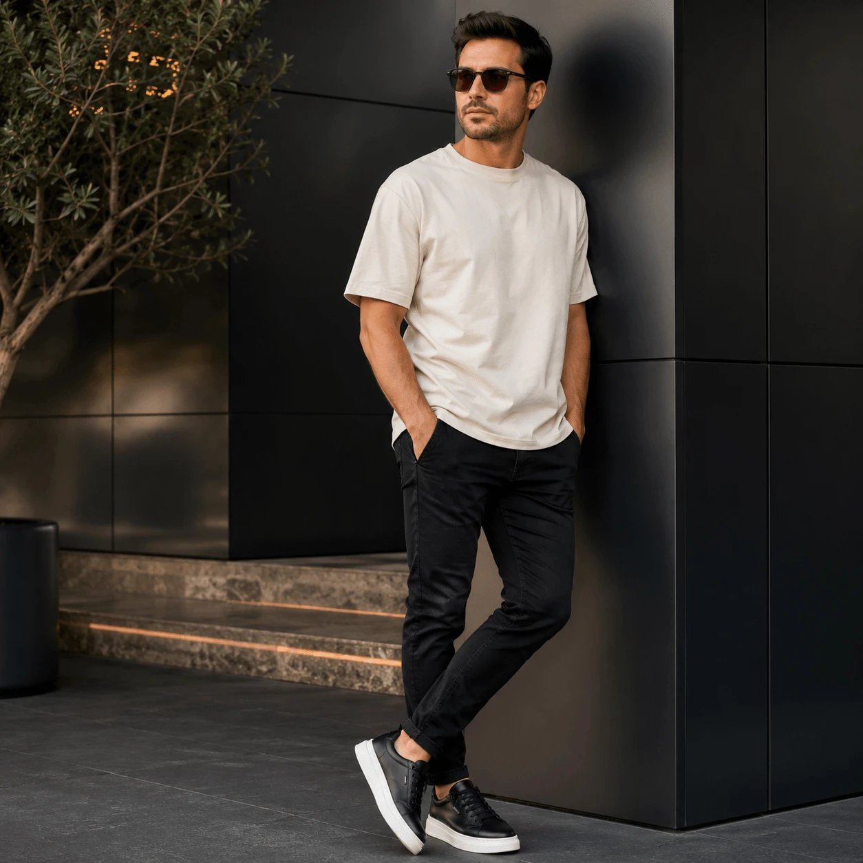 T&ecirc;nis casual masculino preto em couro leg&iacute;timo Oliver Dam Ferr com sola alta branca e calce f&aacute;cil