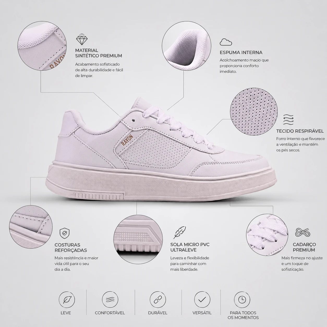Detalhes do Sapat&ecirc;nis Rayon R26 Ferr mostrando acabamento premium e material sint&eacute;tico resistente