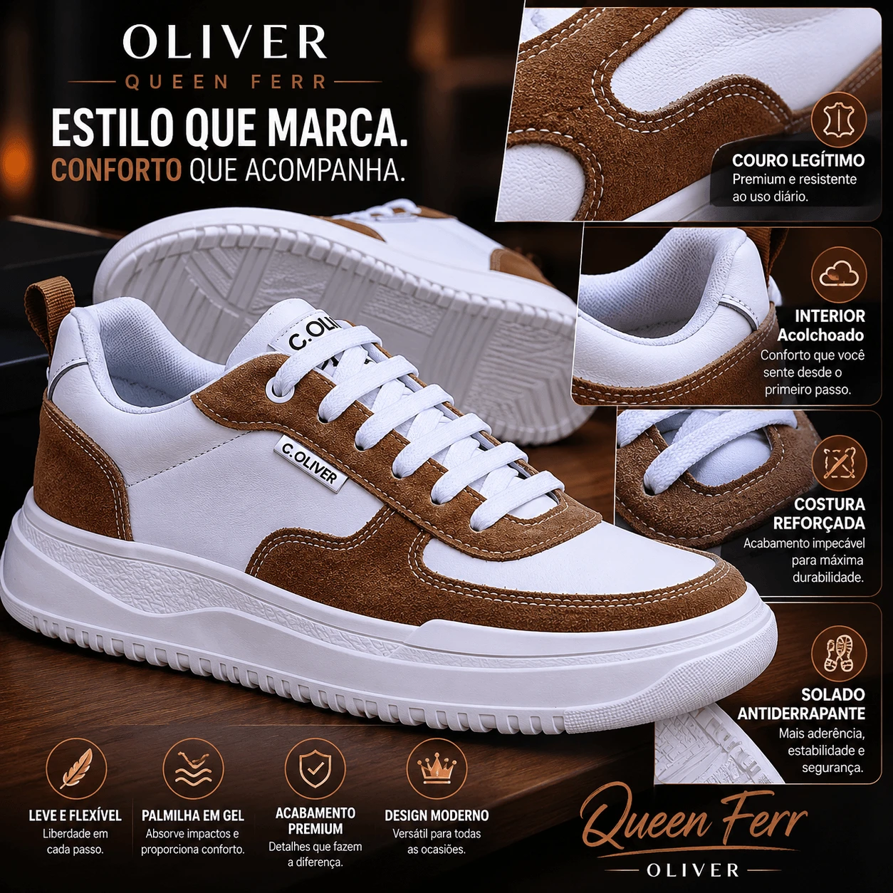 Detalhes em camur&ccedil;a e couro leg&iacute;timo do t&ecirc;nis casual masculino premium