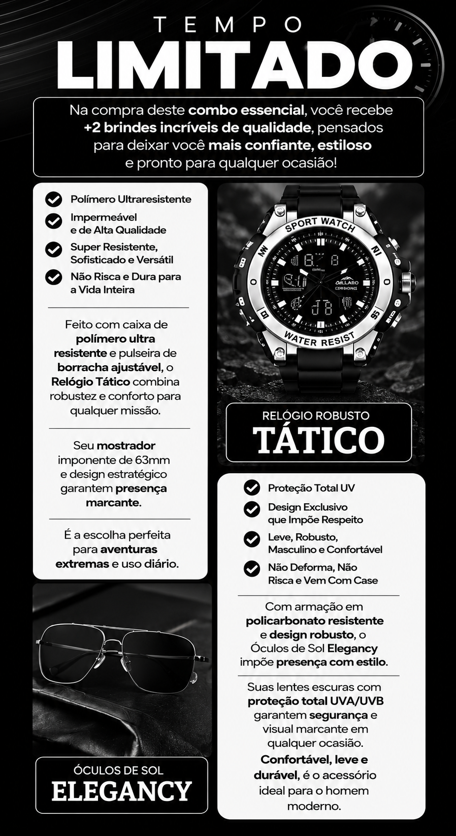 Detalhes dos brindes: rel&oacute;gio t&aacute;tico e &oacute;culos Elegancy