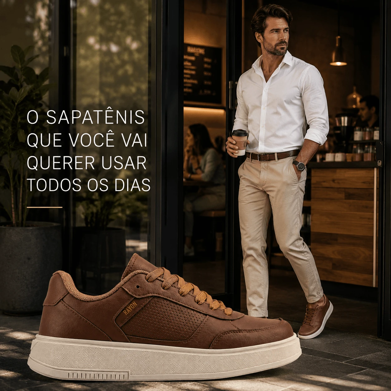 Homem elegante usando Sapat&ecirc;nis Casual Rayon R26 Ferr em ambiente urbano moderno