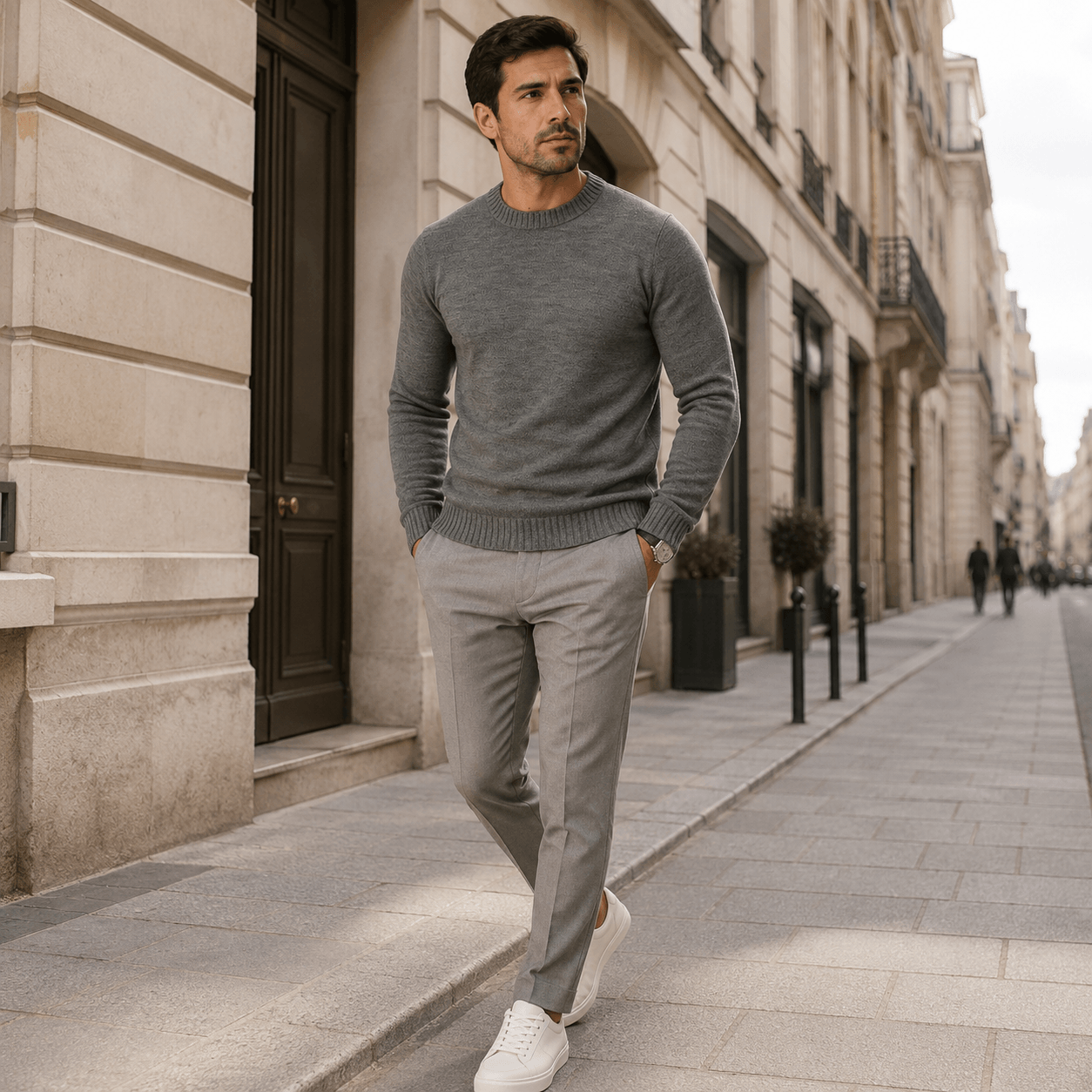 Homem elegante usando Su&eacute;ter Masculino Versatto Ferr em ambiente urbano moderno durante clima frio.