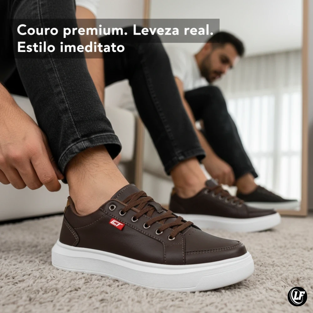 T&ecirc;nis Casual de Couro Masculino Marrom