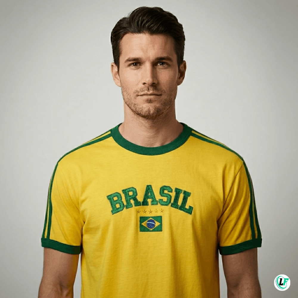 camisa do Brasil bordada masculina em algod&atilde;o premium, camiseta amarela com detalhes verdes e bordado de alta qualidade