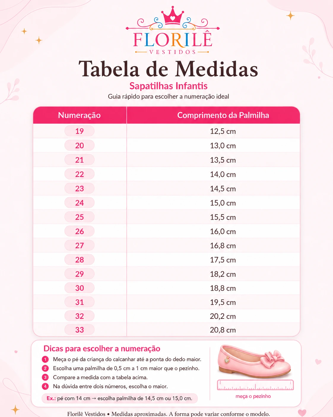Tabela de medidas de sapatilhas infantis Floril&ecirc; Vestidos