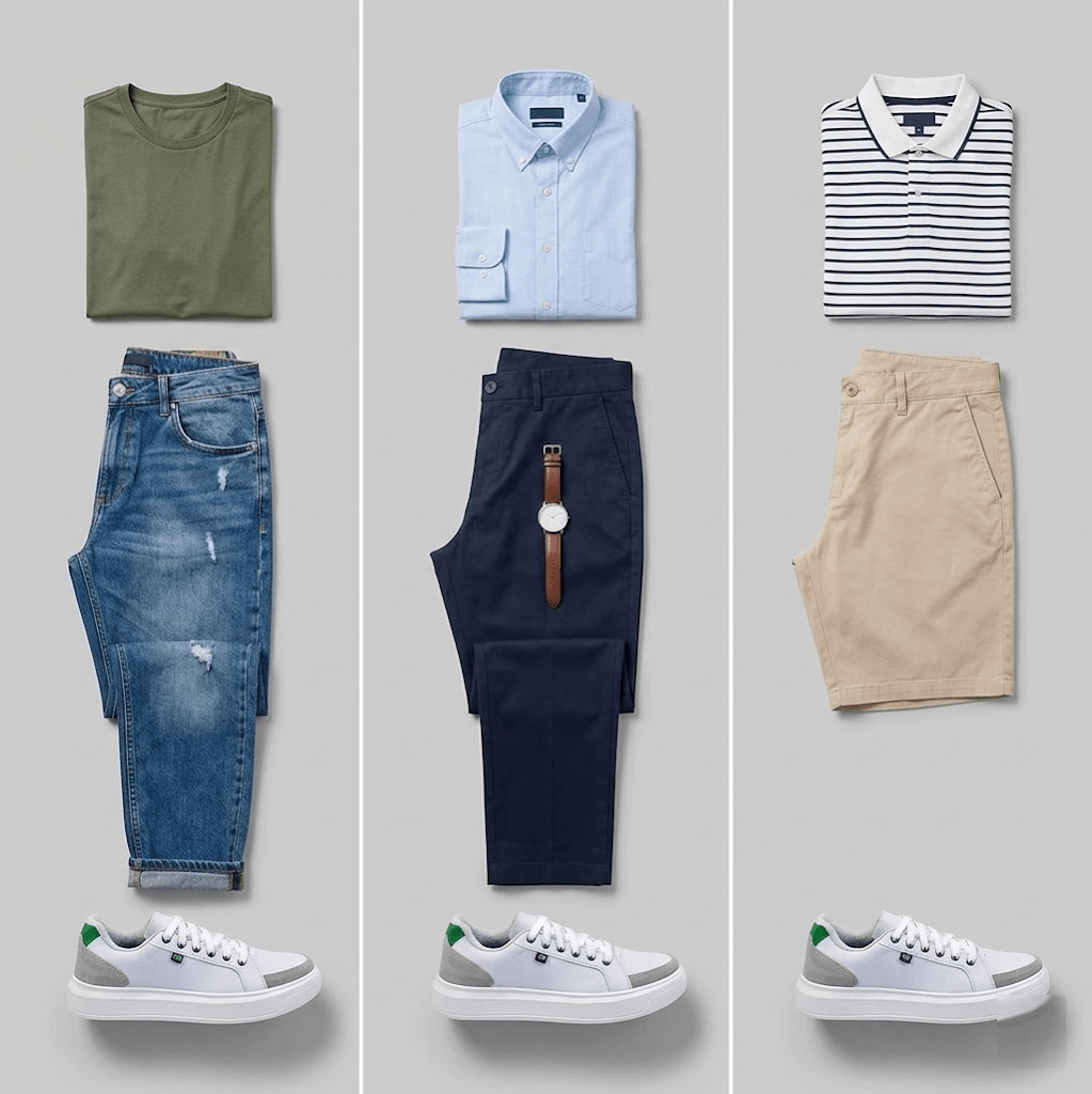 tenis casual masculino branco combinando com diferentes roupas estilo versatil