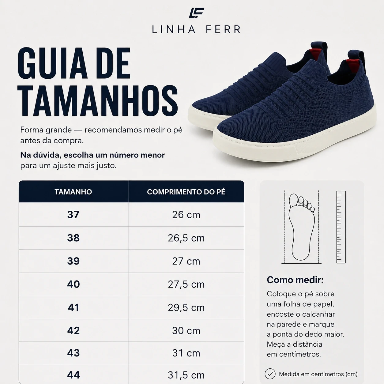 Tabela de medidas T&ecirc;nis Casual masculino Secret Knit Ferr