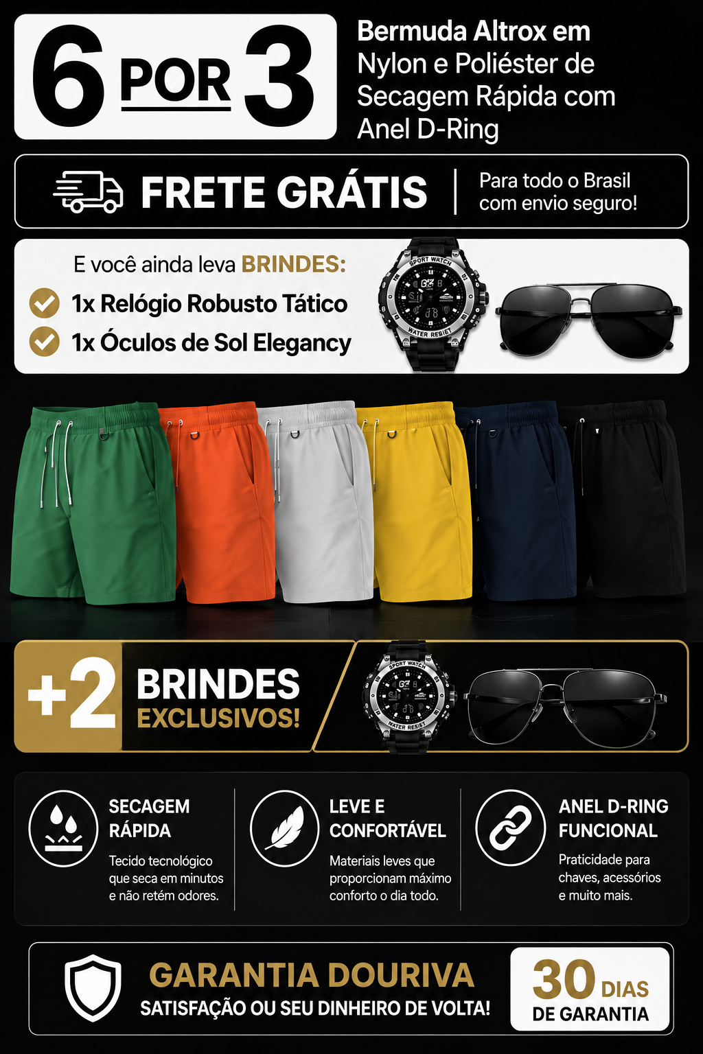 Kit de seis bermudas com dois brindes e garantia Douriva