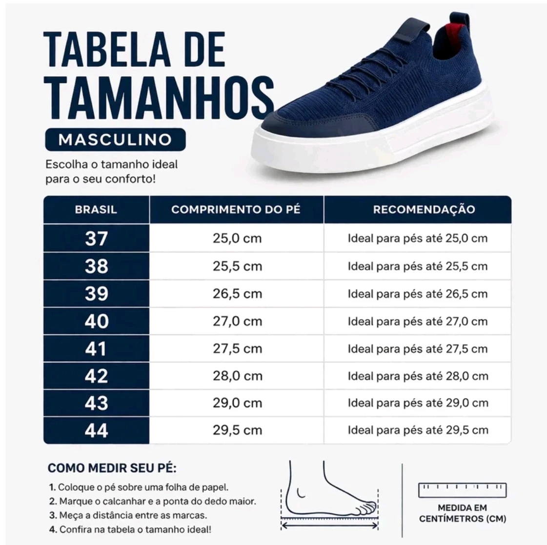 Tabela de medidas T&ecirc;nis Casual masculino Secret Knit Ferr