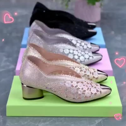 Sapato Salto Médio Grosso com Strass | Bico Fino | Celiny