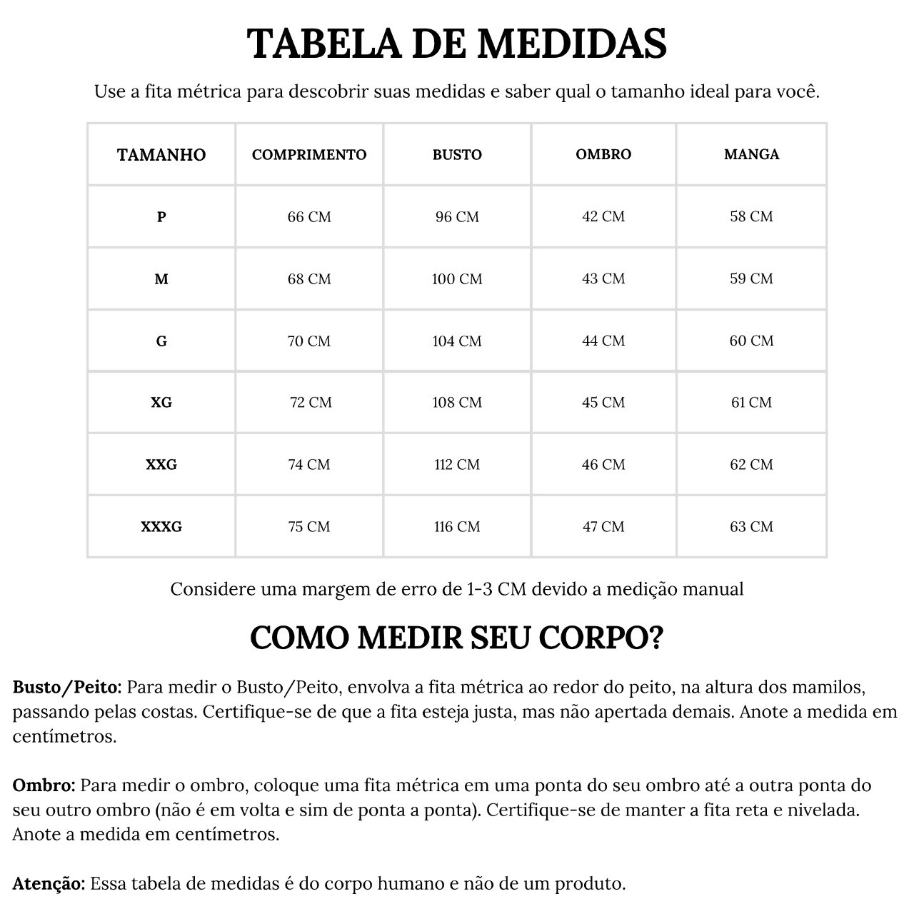 Tabela de medidas
