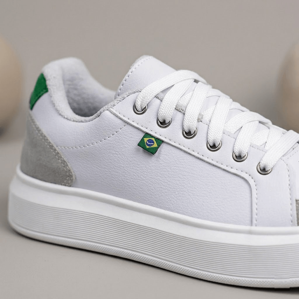 tenis masculino branco detalhe bandeira do brasil design moderno