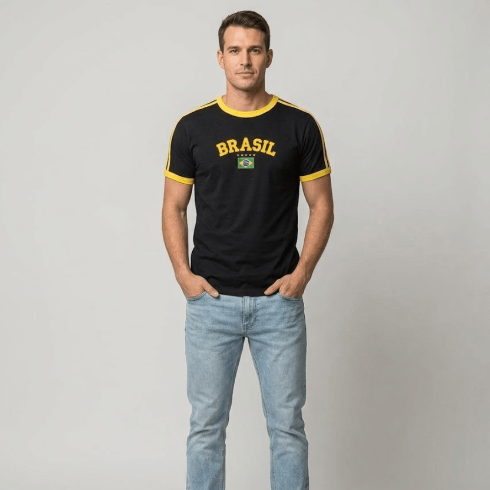 camisa Brasil bordado exclusivo Ferr masculina, modelo diferenciado com acabamento premium e caimento perfeito