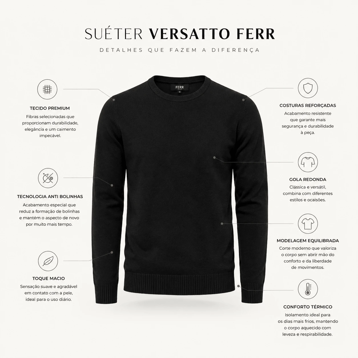 Detalhes do Su&eacute;ter Masculino Versatto Ferr mostrando tecido premium, acabamento refor&ccedil;ado e tecnologia que ajuda a evitar bolinhas.