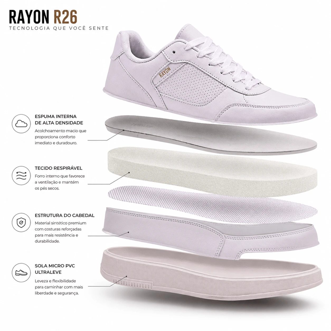 Estrutura interna do Sapat&ecirc;nis Rayon R26 Ferr com espuma de alta densidade e sola Micro PVC