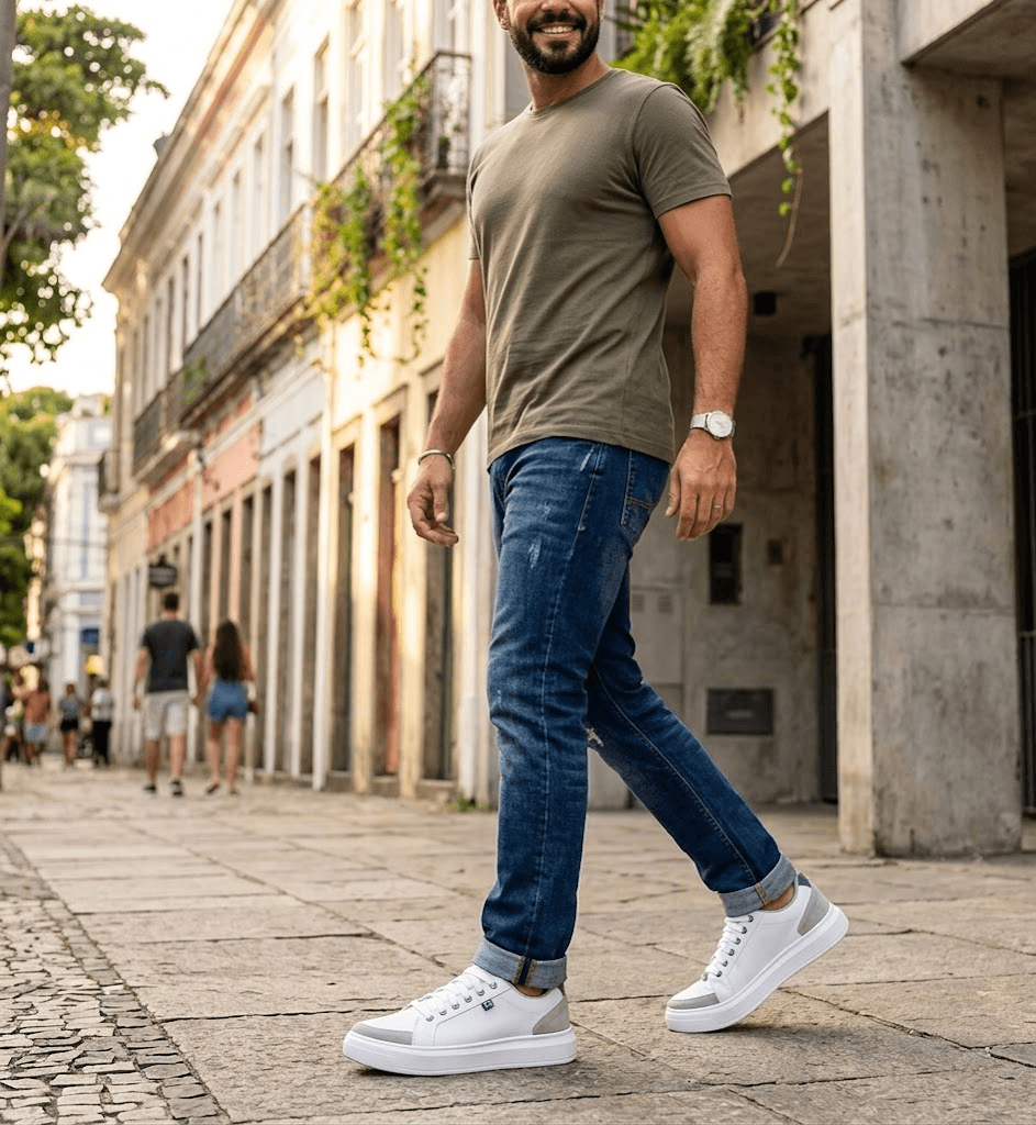 tenis casual masculino branco combinando com jeans estilo moderno e elegante