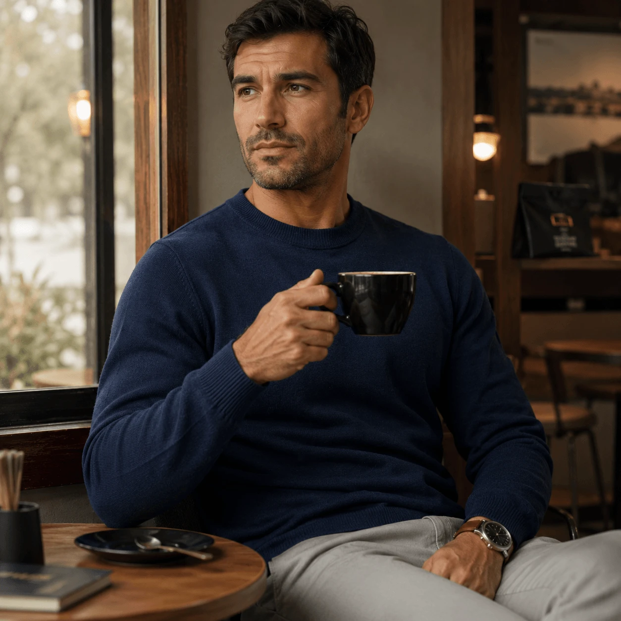 Homem usando Su&eacute;ter Masculino Versatto Ferr confort&aacute;vel com tecido macio e excelente conforto t&eacute;rmico.