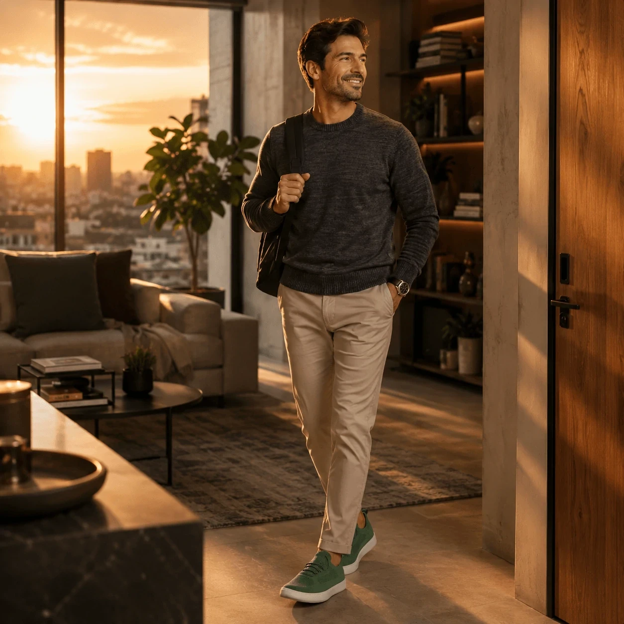 Homem usando t&ecirc;nis casual masculino Shore Knit Ferr ap&oacute;s um dia inteiro com conforto e estilo