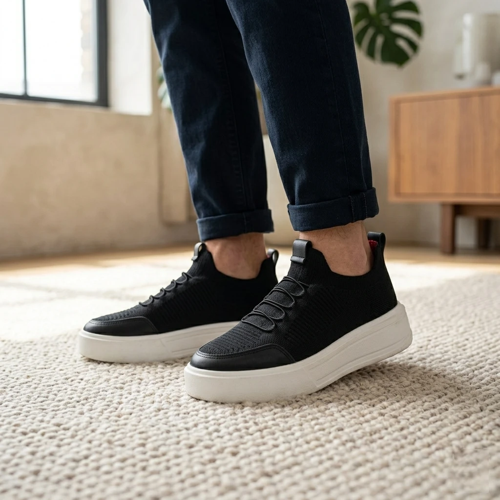 T&ecirc;nis casual masculino preto knit Ferr sem cadar&ccedil;o confort&aacute;vel com solado alto 3-4cm