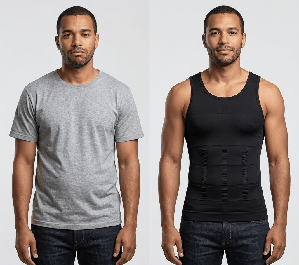 homem com camiseta larga comparado ao mesmo homem usando camiseta modeladora preta mostrando melhor ajuste no abd&ocirc;men