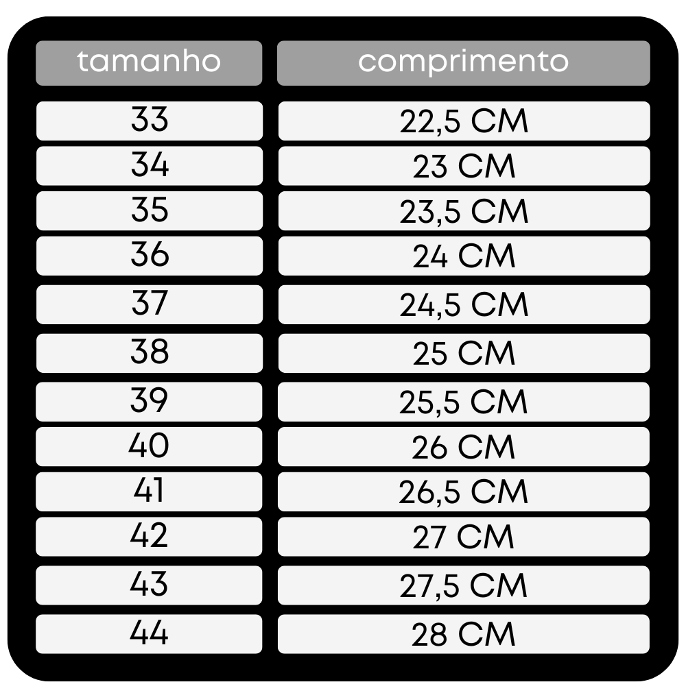 Tabela de medidas do tamanho 33 ao 44