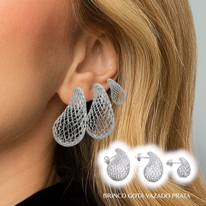 Trio de Brincos Gota Vazado Prata