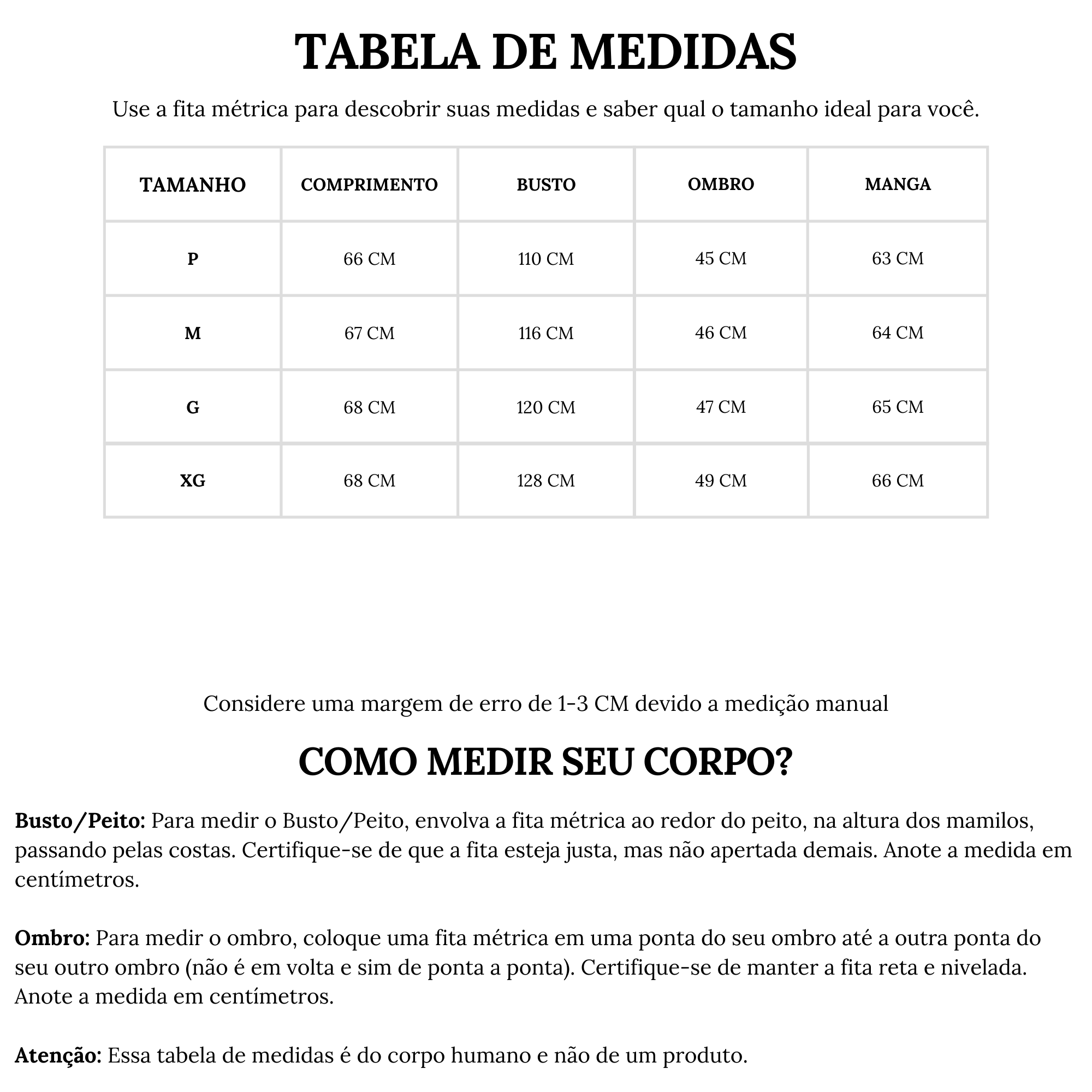 Tabela de medidas