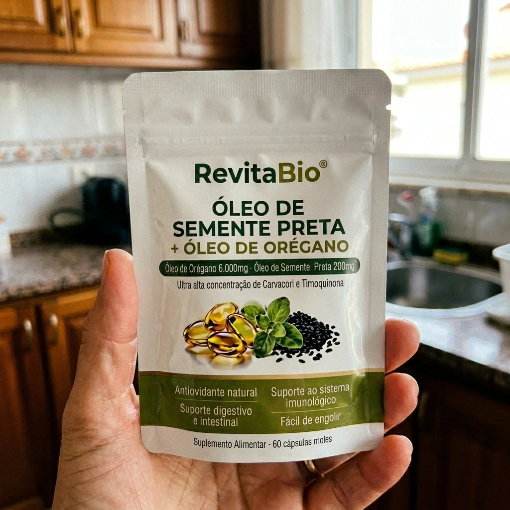 Cliente segurando RevitaBio na cozinha