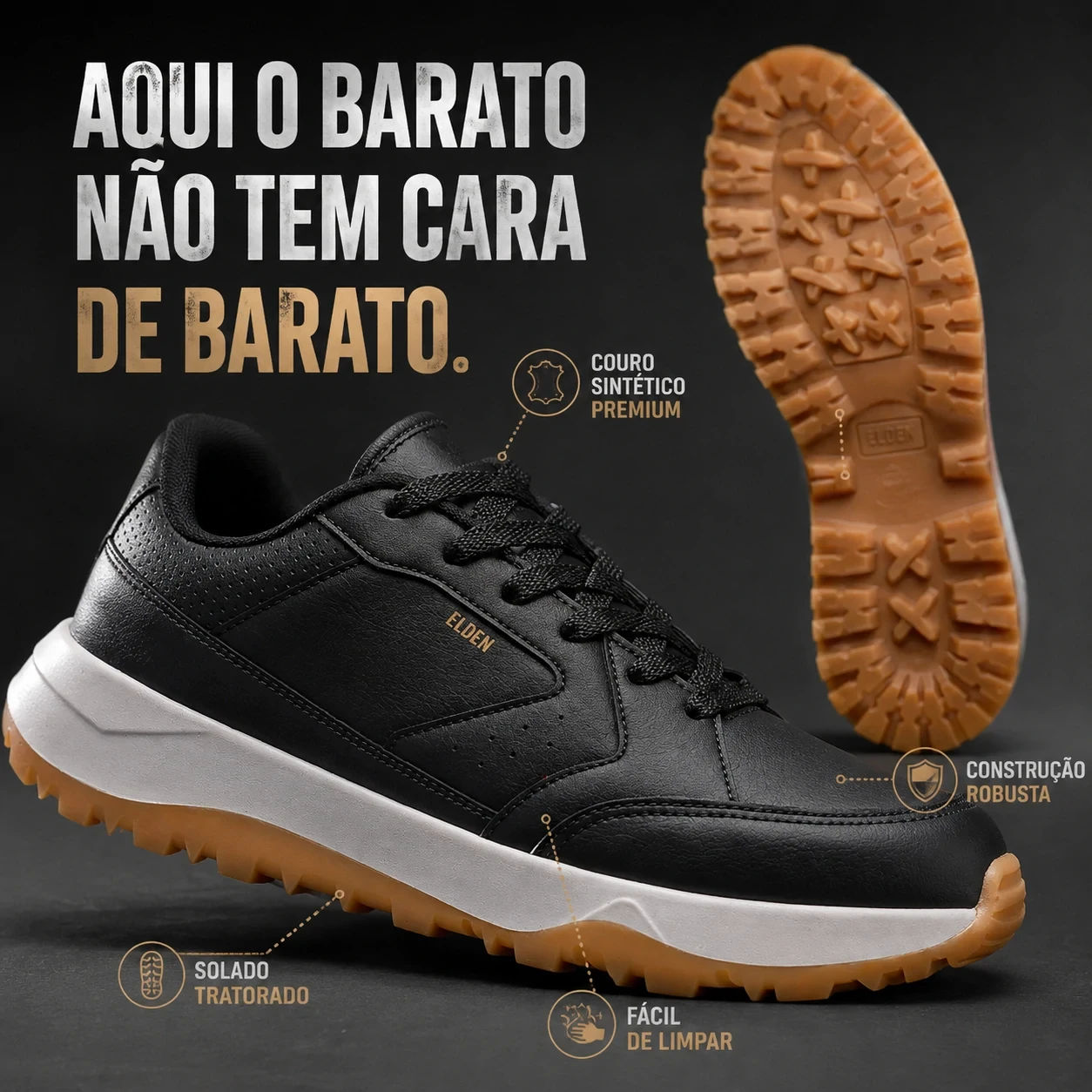 T&ecirc;nis casual masculino Elden E08 Ferr off-white com solado tratorado caramelo