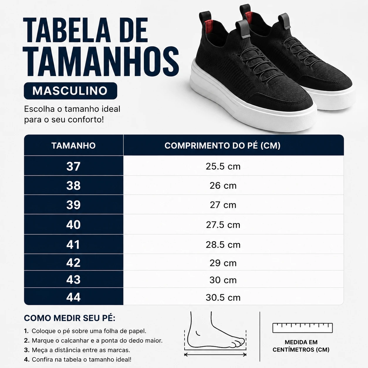 Tabela de medidas T&ecirc;nis Casual masculino Secret Knit Ferr